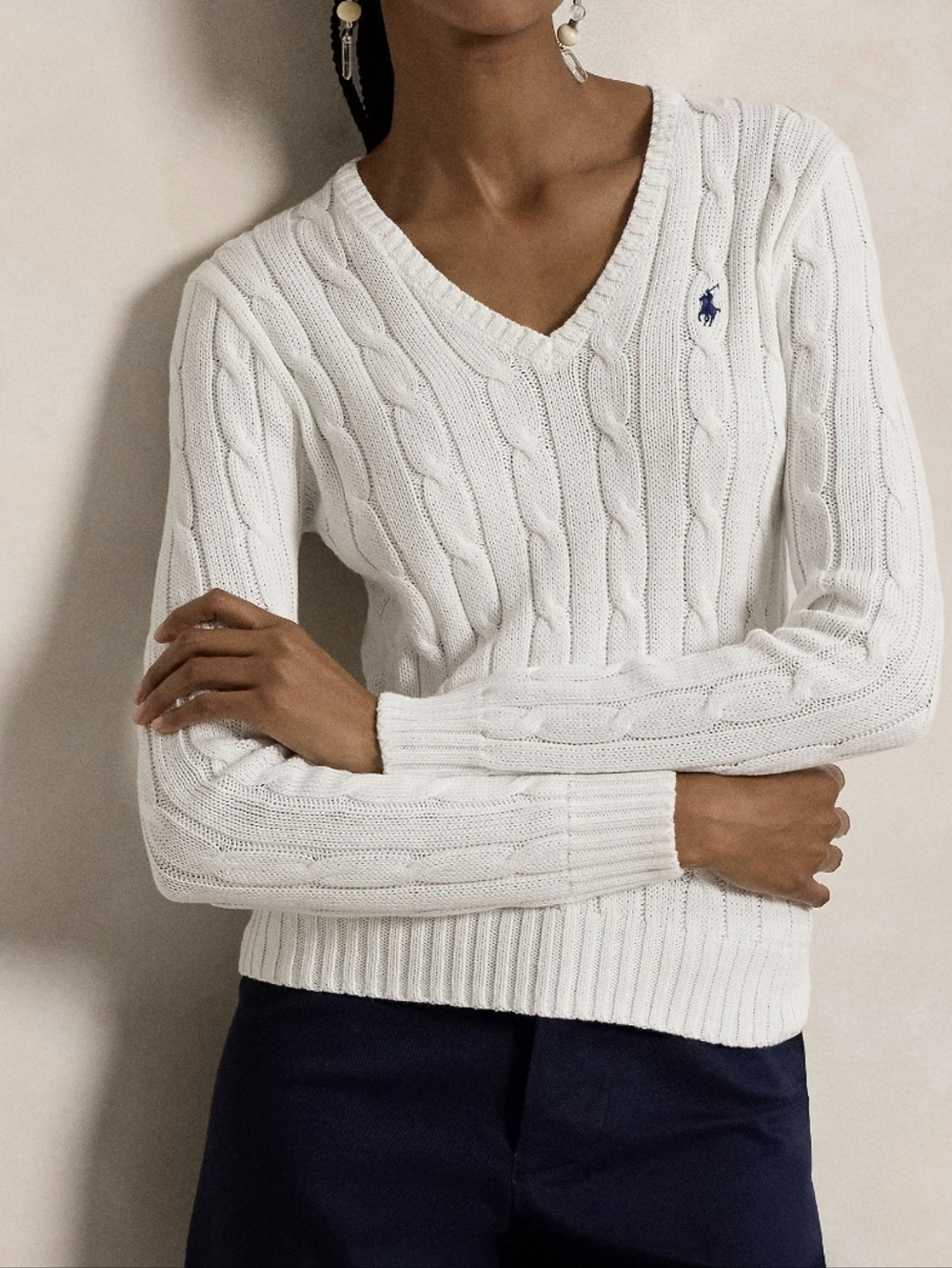 Polo by Ralph Lauren Ivory Cable-Knit V-Neck Sweater
